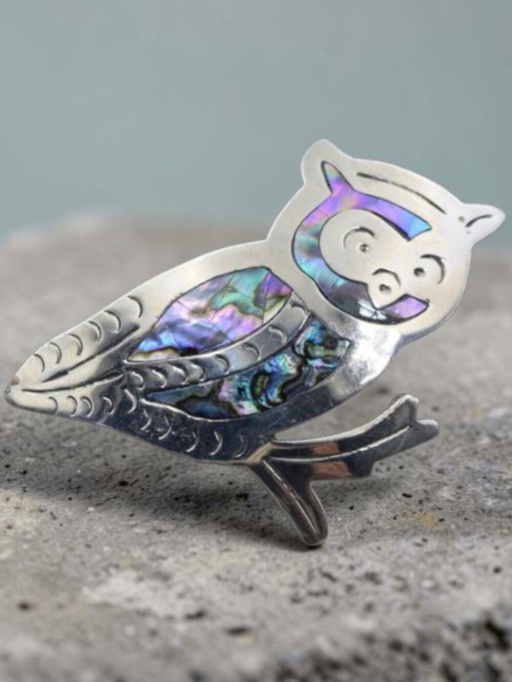 🦉 Vintage Alpaca Silver Owl Brooch – Abalone Inlay 🦉